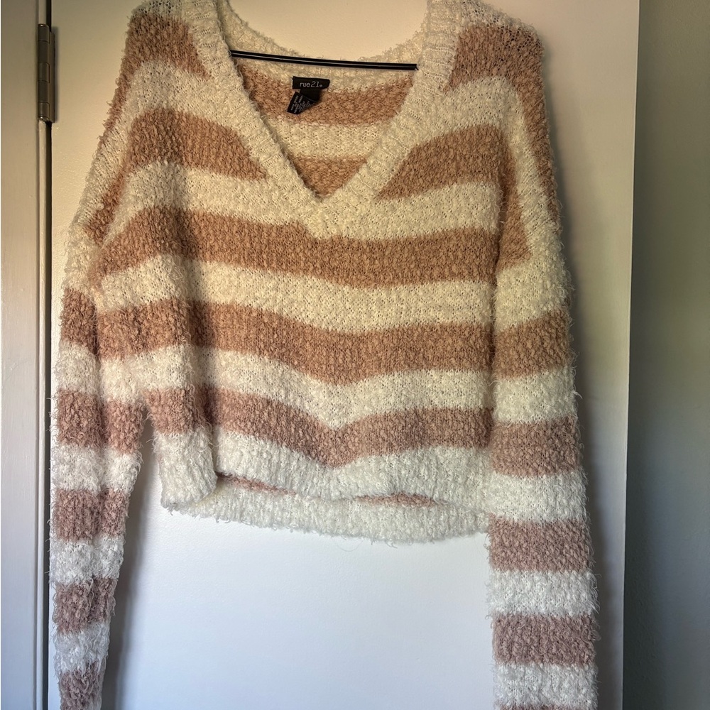 Rue21 Cream and Tan Striped V-Neck Sweater